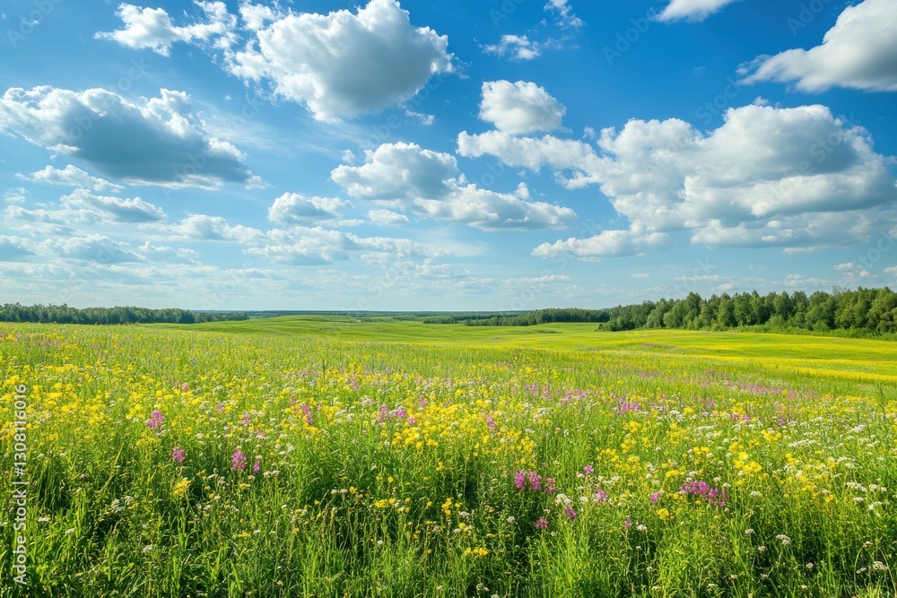 Fototapeta premium A vibrant field of wildflowers in yellow, pink, and white blossoms under a bright blue sky with fluffy clouds, showcasing nature's beauty and tranquility amid lush greenery.