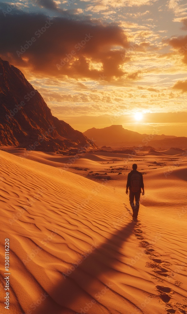Backpacker walking on sand dune in desert at sunset, celebrating world environment day Backpacker walking on sand dune in desert at sunset, celebrating world environment day