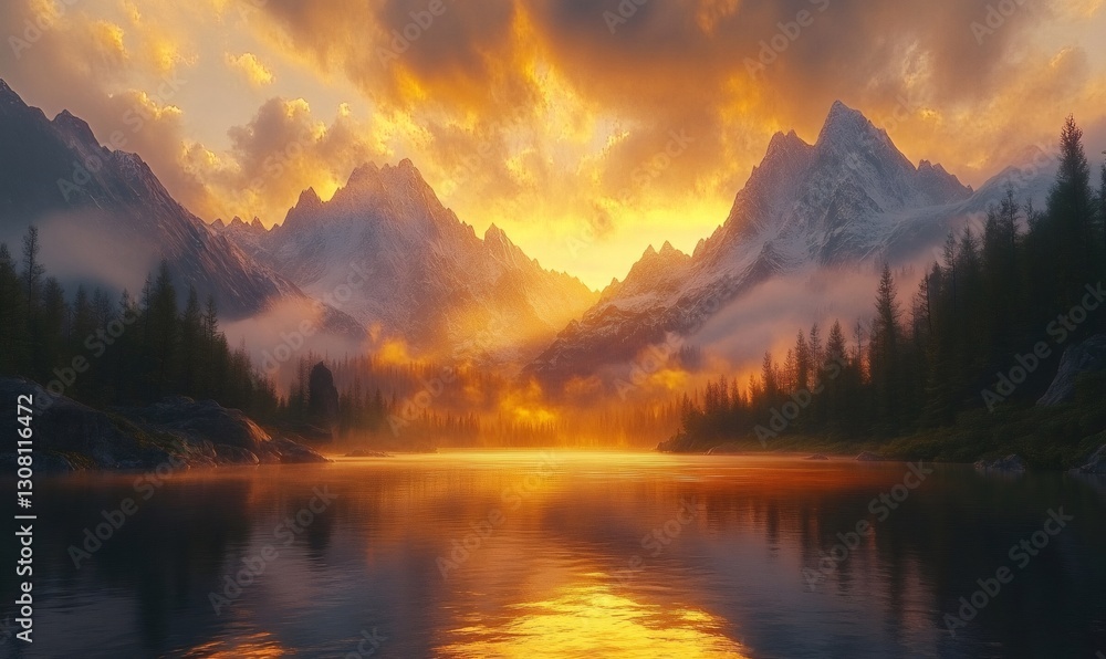 Fototapeta premium Breathtaking sunset reflecting on a pristine alpine lake, surrounded by majestic snow-capped mountains and lush forests