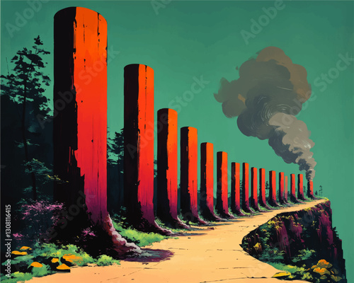 Vibrant Illustration of Enigmatic Smoky Towers Lining Scenic Cliffside Path Against Turquoise Sky with Lush Greenery and Subtle Forest Details in Vector Art