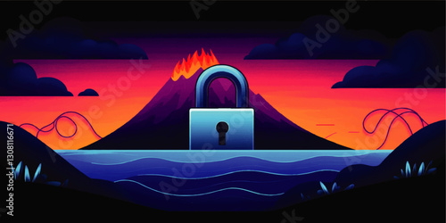 Vector Illustration of Secure Landscape with Lock and Active Volcano at Sunset, Surreal Art Featuring Lush Foliage, Ocean Waves, and Dramatic Sky