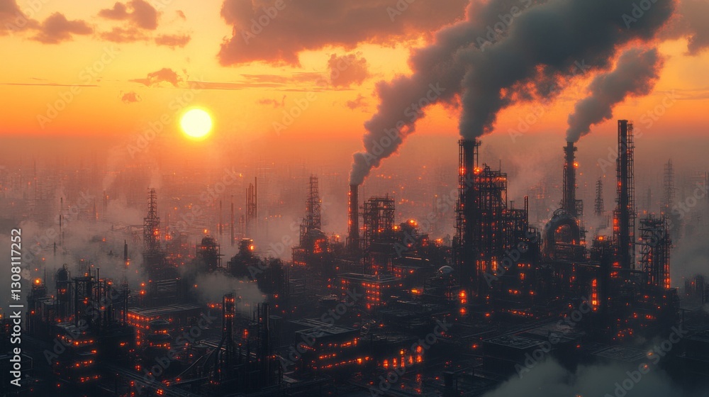 Sunset in steampunk factory city illustration. Concept of future industrial zone. Heavy industry facility, abstract engineering design. Power plant with steam, metal and concrete. Fantasy wallpaper , Sunset in steampunk factory city illustration. Concept of future industrial zone. Heavy industry facility, abstract engineering design. Power plant with steam, metal and concrete. Fantasy wallpaper ,