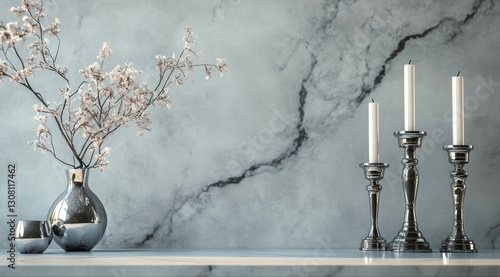 Fototapeta Naklejka Na Ścianę i Meble -  Elegant, decorative, modern interior design featuring a marble wall with silver candle holders and a vase of dried flowers.