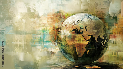 新聞に埋もれた地球儀と混乱する世界情勢