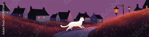 Enchanting Night Cat Walk on Cobblestone Path in Quaint Village with Glowing Street Lamp, Purple Sky, and Cozy Homes - Serene Vector Art