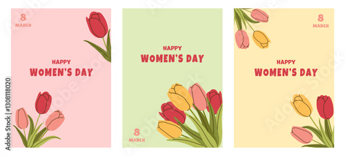 Happy Women's Day postcard. Flyer for March 8 with hand-drawn tulips. Vector illustration.