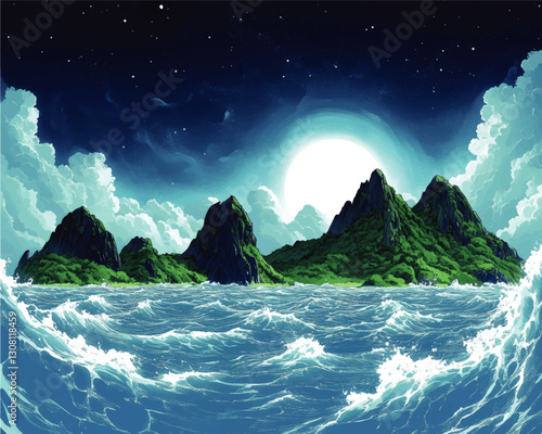 Breathtaking Vector Art of a Lush Tropical Island with Verdant Mountains, Churning Blue Ocean Waves, and a Radiant Full Moon Under a Starry Night Sky