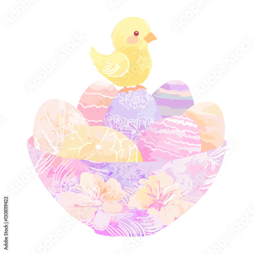 Chick and easter eggs illustration pastel colors vector