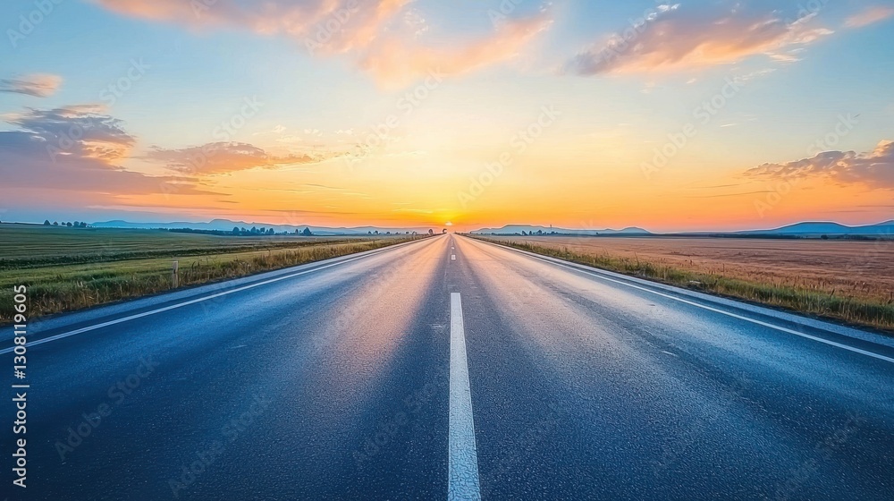 Naklejka premium A straight highway disappearing into the horizon, framed by a vibrant sunset sky.