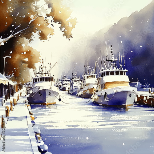 Vector Art of Snow-Covered Boats in a Scenic Winter Harbor with Snowfall and Autumn Trees - Serene Nautical Landscape for Seasonal Décor and Maritime Enthusiasts