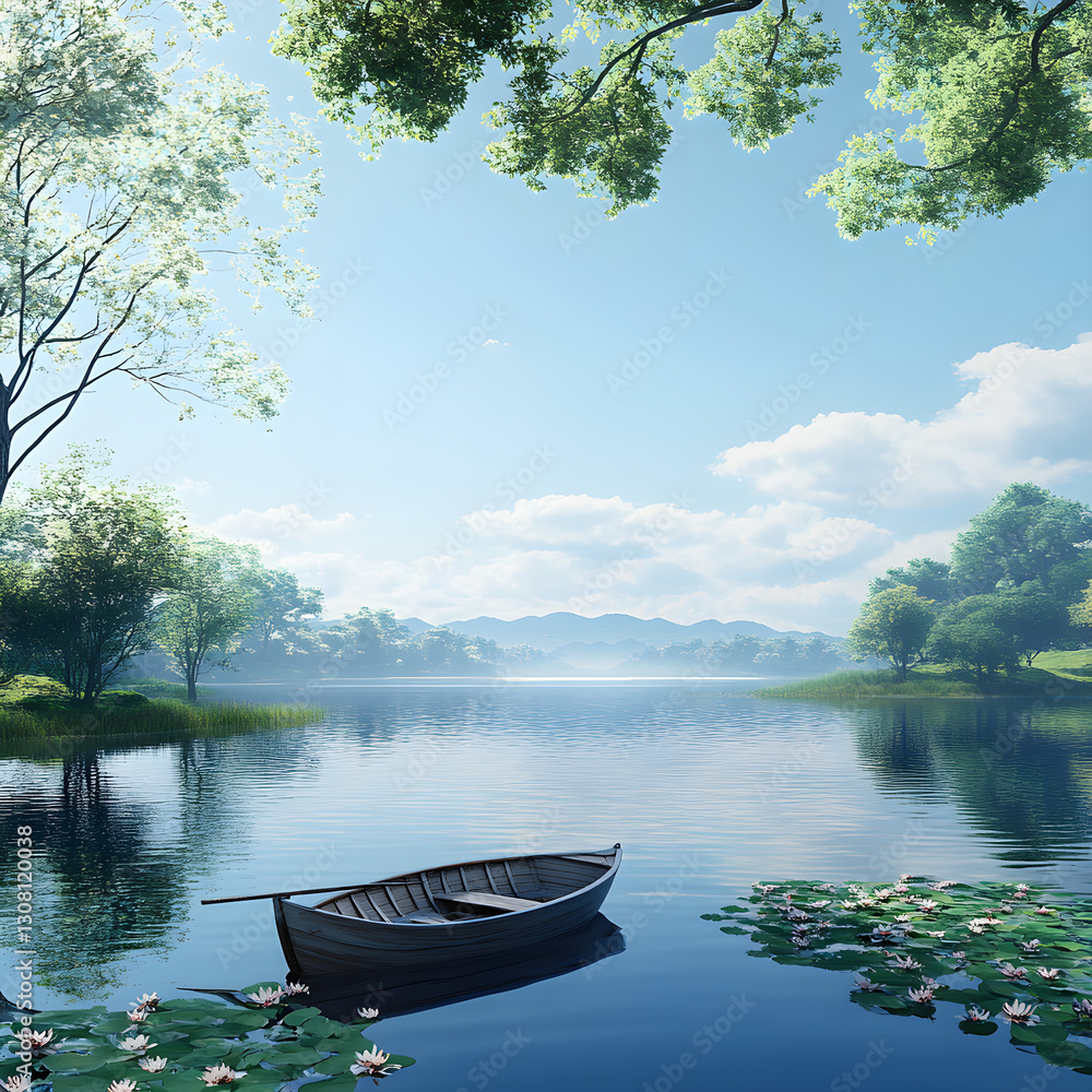 Tranquil Lakeside Scene with Clear Sky, Serene Waters, and Lush Green Trees in Bloom Tranquil Lakeside Scene with Clear Sky, Serene Waters, and Lush Green Trees in Bloom