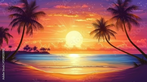 A stunning tropical beach scene with palm trees silhouetted against a glowing sunset sky.