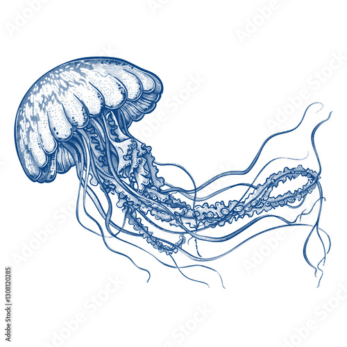 Hand drawn jellyfish animal blue invertebrate vector