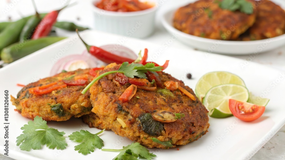Aerial Drone Shot: Spicy Curry Fish Patty, Delicious Fried Fish Cakes, Overhead View, Golden Brown, Crispy, Indian Food, Asian Cuisine Aerial Drone Shot: Spicy Curry Fish Patty, Delicious Fried Fish Cakes, Overhead View, Golden Brown, Crispy, Indian Food, Asian Cuisine