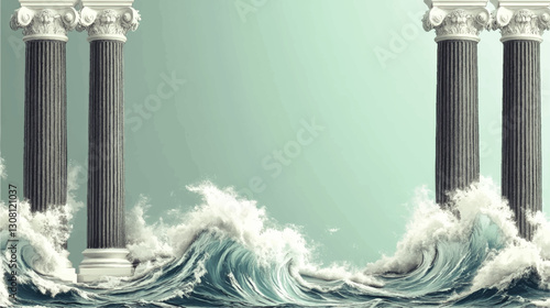 Majestic Ocean Waves Crashing Against Ancient Greek Columns in a Dreamlike Vector Illustration with Classical Architecture and Turbulent Sea Imagery
