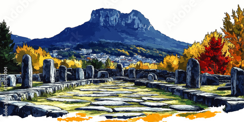Explore Ancient Ruins in Scenic Mountain Landscape with Autumn Foliage and Historic Stone Pathways – Vibrant Illustration of Nature and Architectural Heritage