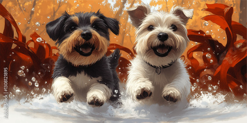 Joyful Puppies Frolicking in Autumn Leaves - Cute Dogs Playing in Water with Bubbles Vector Illustration - Vibrant Fall Canine Art for Pet Lovers