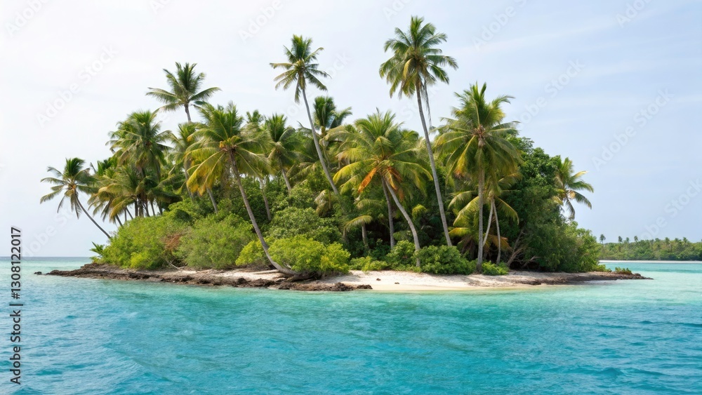 Aerial View Tropical Island Paradise: Lush Palms, Turquoise Water, White Sand Beach Aerial View Tropical Island Paradise: Lush Palms, Turquoise Water, White Sand Beach