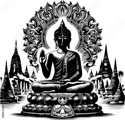sketch vector illustration silhouette poster design holy buddha statue meditating perfect posture for pure heart ethnic traditional classic vintage  