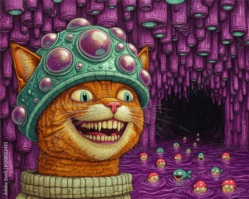 Surreal Cosmic Cat in Sci-Fi Helmet Amidst Mystical Purple Cavern with Floating Smiley Faces and Green Fish Art Vector Illustration