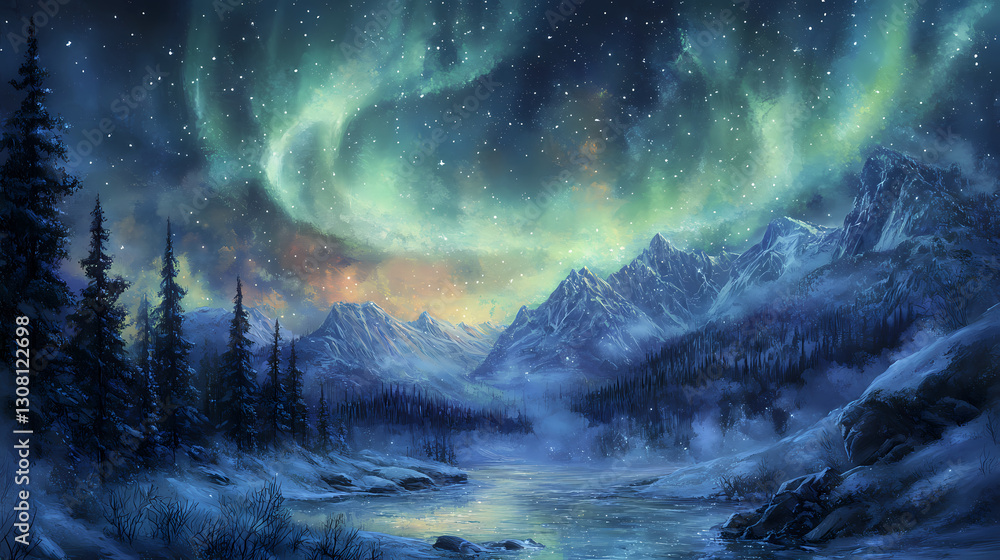 Naklejka premium A photographer capturing the beauty of the aurora borealis with a camera, highlighting the pursuit of capturing these elusive and awe inspiring natural phenomena. Elusive - Spirit. Illustration