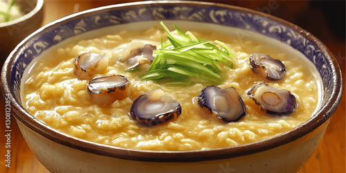 Delicious Asian Abalone Congee with Scallions in Blue Patterned Bowl - Creamy Rice Porridge Recipe - Perfect Comfort Food for Seafood Lovers