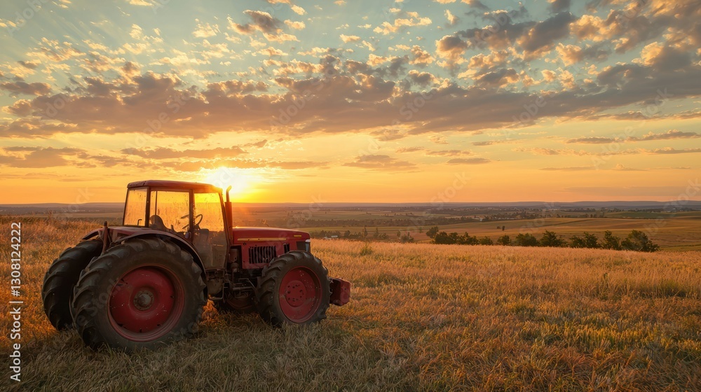Obraz premium A tractor parked in a field, with the sunset casting long shadows across the landscape
