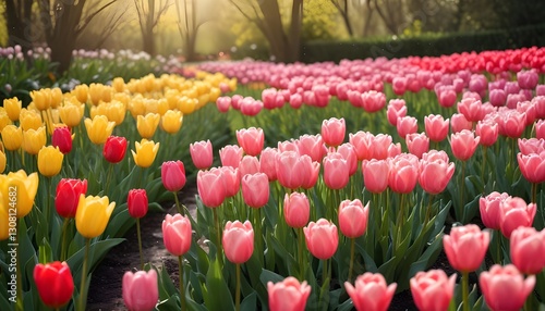 A colorful garden filled with blooming tulips in various shades of pink, yellow, and red. for spring concept