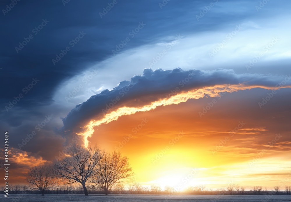 Obraz premium Dramatic Sky at Sunset with Vibrant Clouds and Silhouetted Trees Against a Golden Horizon