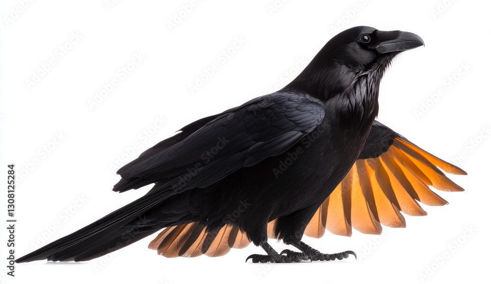 Fototapeta premium Majestic black bird with striking orange wings displayed in full splendor against a white background