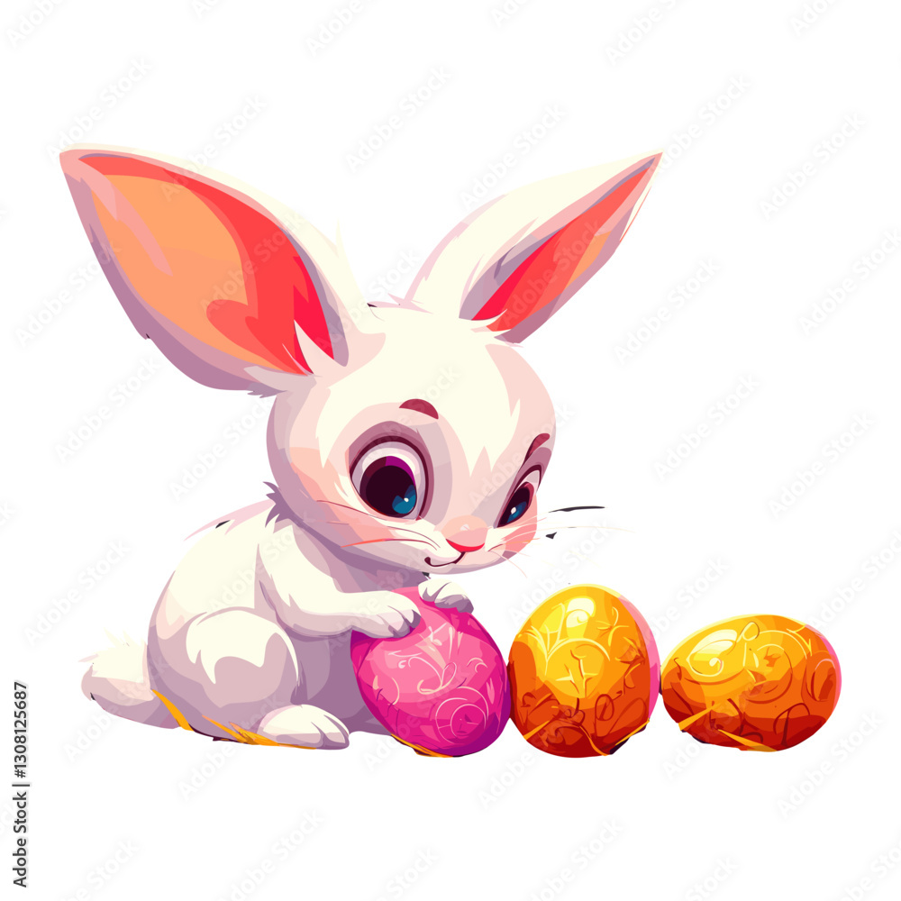 Fototapeta premium Cute bunny sitting on the ground holding an Easter egg eggs illustration cartoon vector