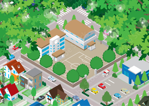 新緑の葉が茂る校舎のイラスト. アイソメ図.