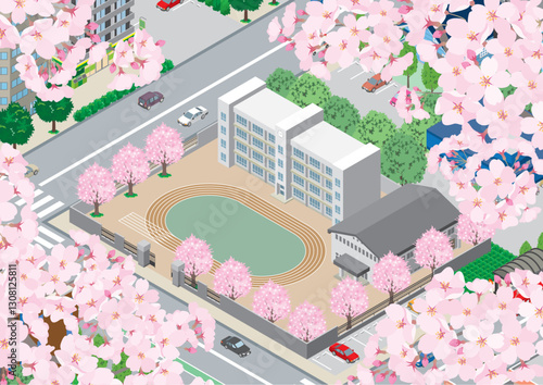 桜咲く春の校舎のイラスト. アイソメ図.