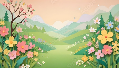 A spring themed background designed in a paper-style aesthetic, perfect for adding a fresh and artistic touch to your projects