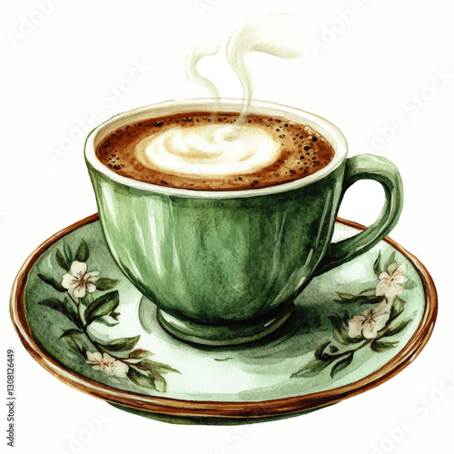 Vintage Watercolor Green Ceramic Coffee Cup with Saucer and Floral Design; Steaming Latte Art in Cozy Café Aesthetic; Artistic Kitchen Decor