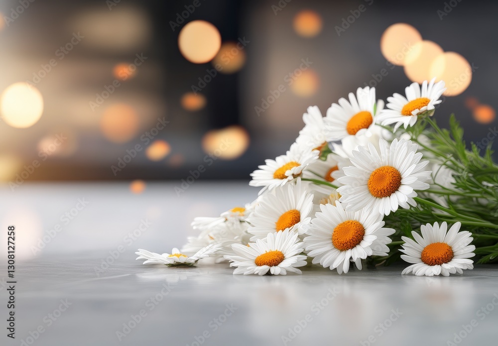 Obraz premium Fresh White Daisies with Bright Orange Centers on a Soft Surface with Blurred Background and Gentle Light Effect
