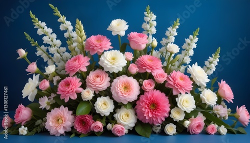 A vibrant display of pink and white flowers arranged beautifully against a blue backdrop, perfect for celebrating the spring season