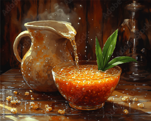 Elegant Watercolor-Style Vector Image of Tea Being Poured into Glass Cup with Mint Leaves on Wooden Table Surrounded by Loose Leaf Tea and Warm Lighting