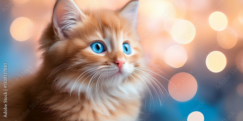 Fototapeta premium Cute ginger cat with blue eyes on blue background with bokeh - Generated image