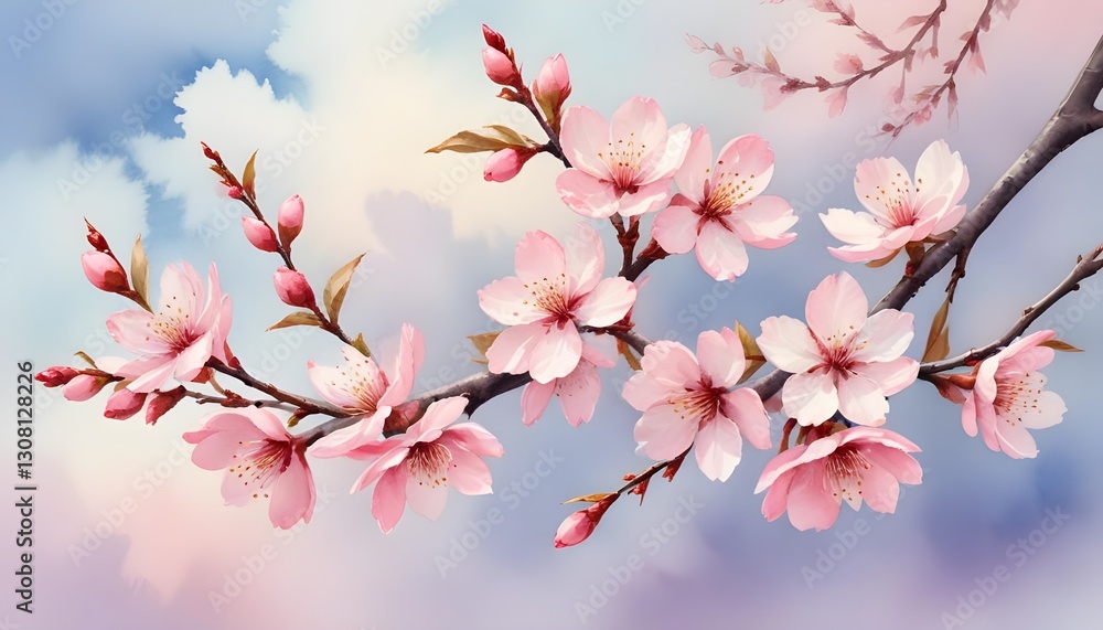 Obraz premium A vibrant watercolor painting of a blooming cherry blossom branch against a soft pastel sky, capturing the essence of spring's renewal