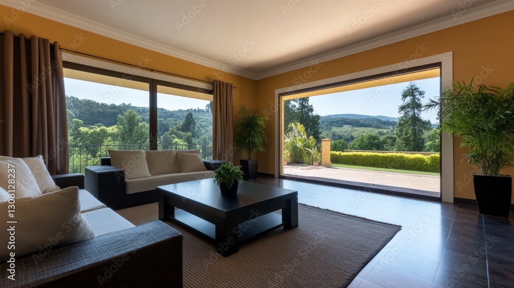 Fototapeta premium Bright and Spacious Living Room with Stunning Nature View and Modern Decor in Elegant Interior Design