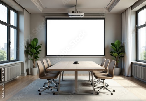 Blank White Projector Mockup. Corporate Conference Room. Excellent for corporate workshops, presentation templates, promoting meeting room branding services