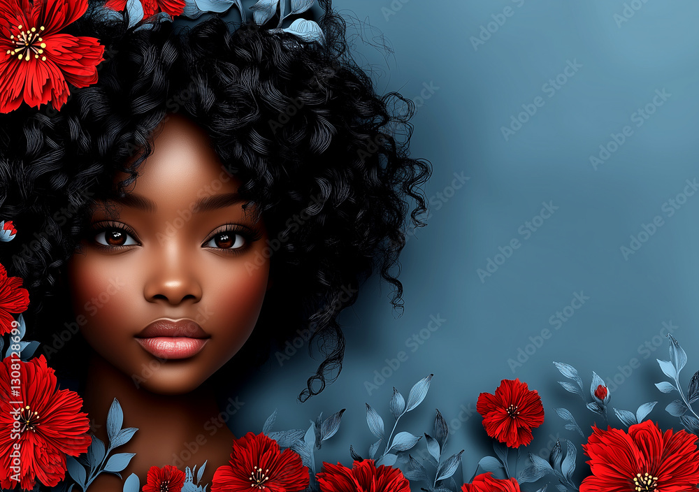 Naklejka premium Woman with curly hair is the main focus of the image. The background features a blue and red flower arrangement, which adds a pop of color and a sense of freshness to the scene