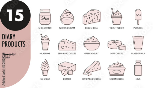Diary products thin line icons set with light beige fill. Butter, Greek yogurt, aged cheese, whipped cream, ice-cream, ghee, milk, cream cheese, popsicle, blue cheese, milkshake, vector illustration