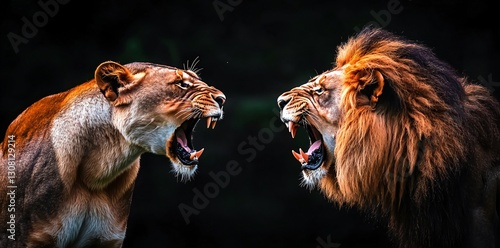 Lion and lioness roaring, facing each other, dark background. Wildlife scene