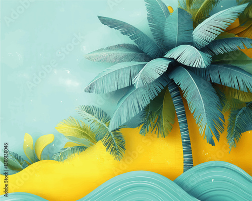 Stunning Vector Art: Tropical Beach Scene with Palm Trees and Ocean Waves against a Sunny Blue Sky - Perfect for Summer Vacation, Nature Themes, and Coastal Designs