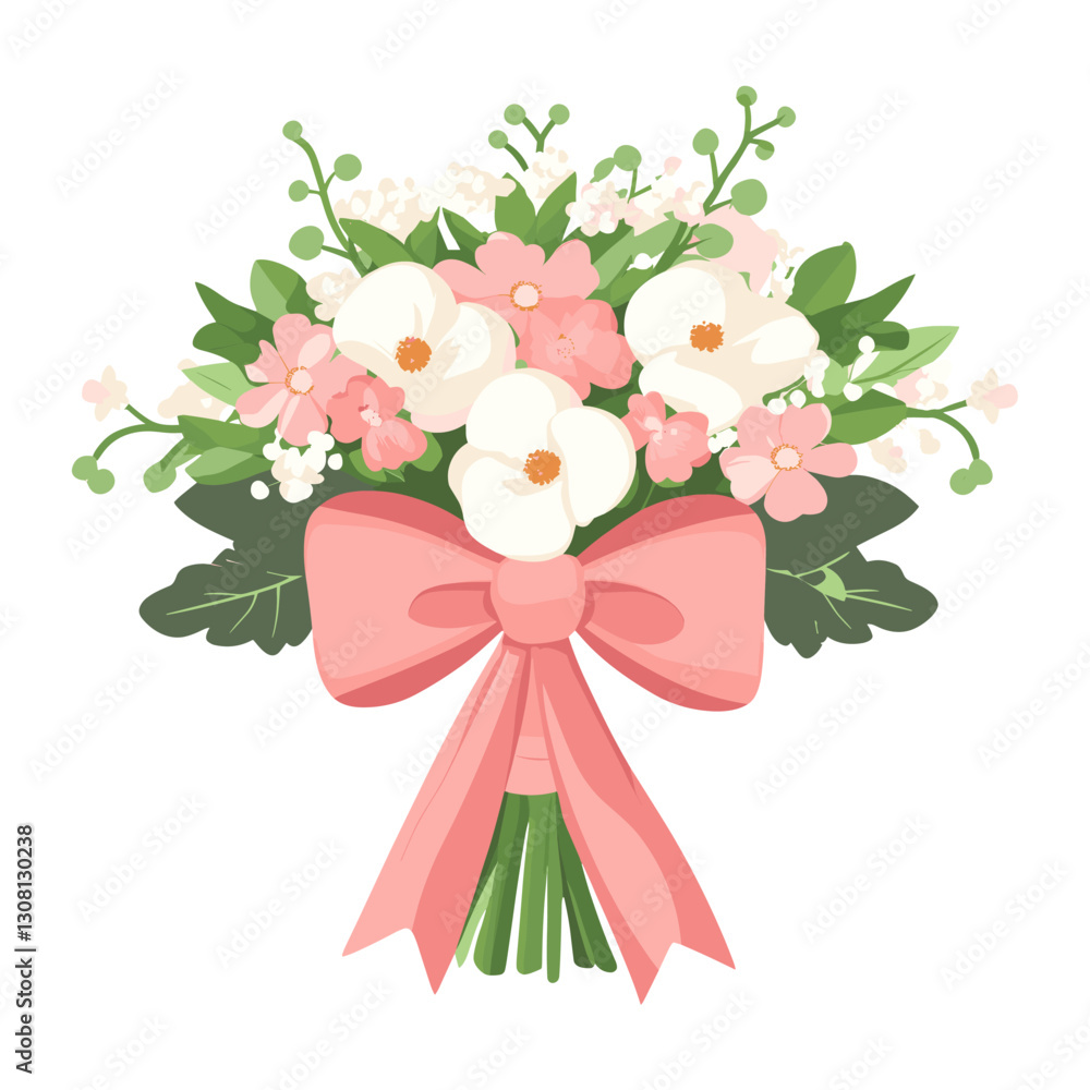 Fototapeta premium Wedding bouquet with a pink bow art illustration flowers vector
