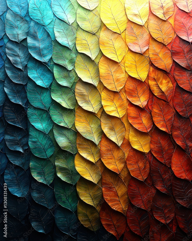Obraz premium A vibrant close-up of a textured wall adorned with an array of colorful leaves in various shapes and sizes, showcasing rich greens, yellows, and reds, creating a lively, natural tapestry.
