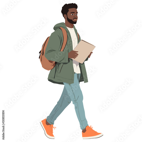 Black student man walking art illustration sneakers vector