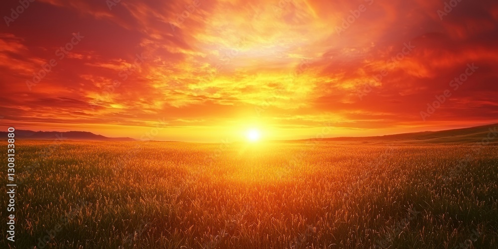 A wide-open field with the sky awash in intense shades of orange and red during sunset A wide-open field with the sky awash in intense shades of orange and red during sunset